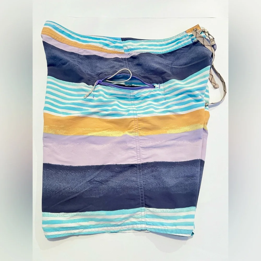Patagonia Swim Board Shorts Trunks Mens 34 Blue Orange Striped Beach zip Pocket